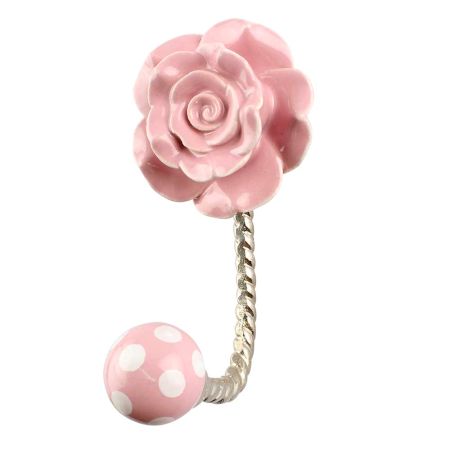Pink Flower Ceramic Wall Hook in Silver Fitting